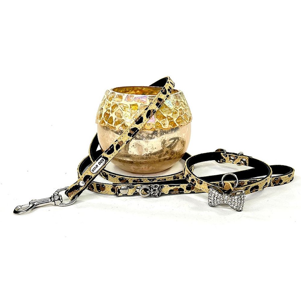 Leopard Crystal Bowtie Dog Collar and Leash